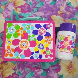 1998 Barbie Mattel Vintage Metal Thermos Lunchbox And Soup Cup Neon Flower Power